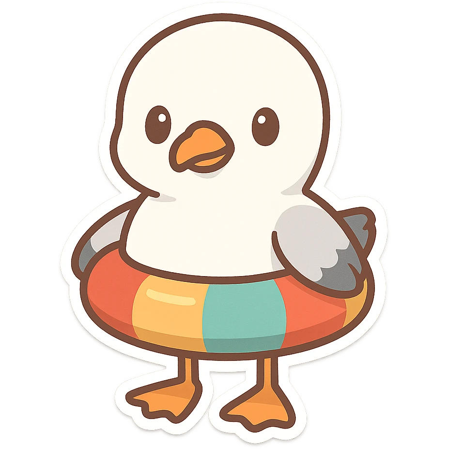 a seagull wearing a colorful floatie, simple and playful emoji