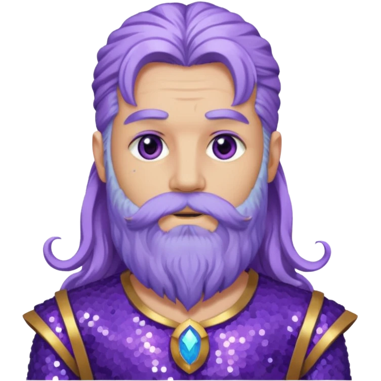 Jupiter from Ancient Gods with lilac skin, long periwinkle hair and beard, purple sequin outfit emoji