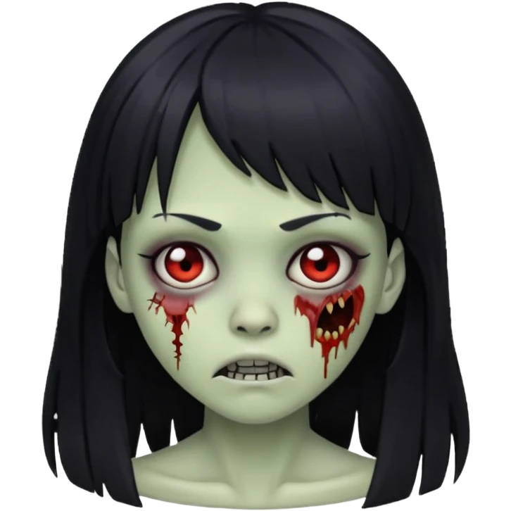 girl zombie with black long hair and bangs, stitched face emoji