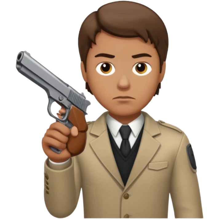 White guy with brown hair holding a hand gun like a cop would emoji