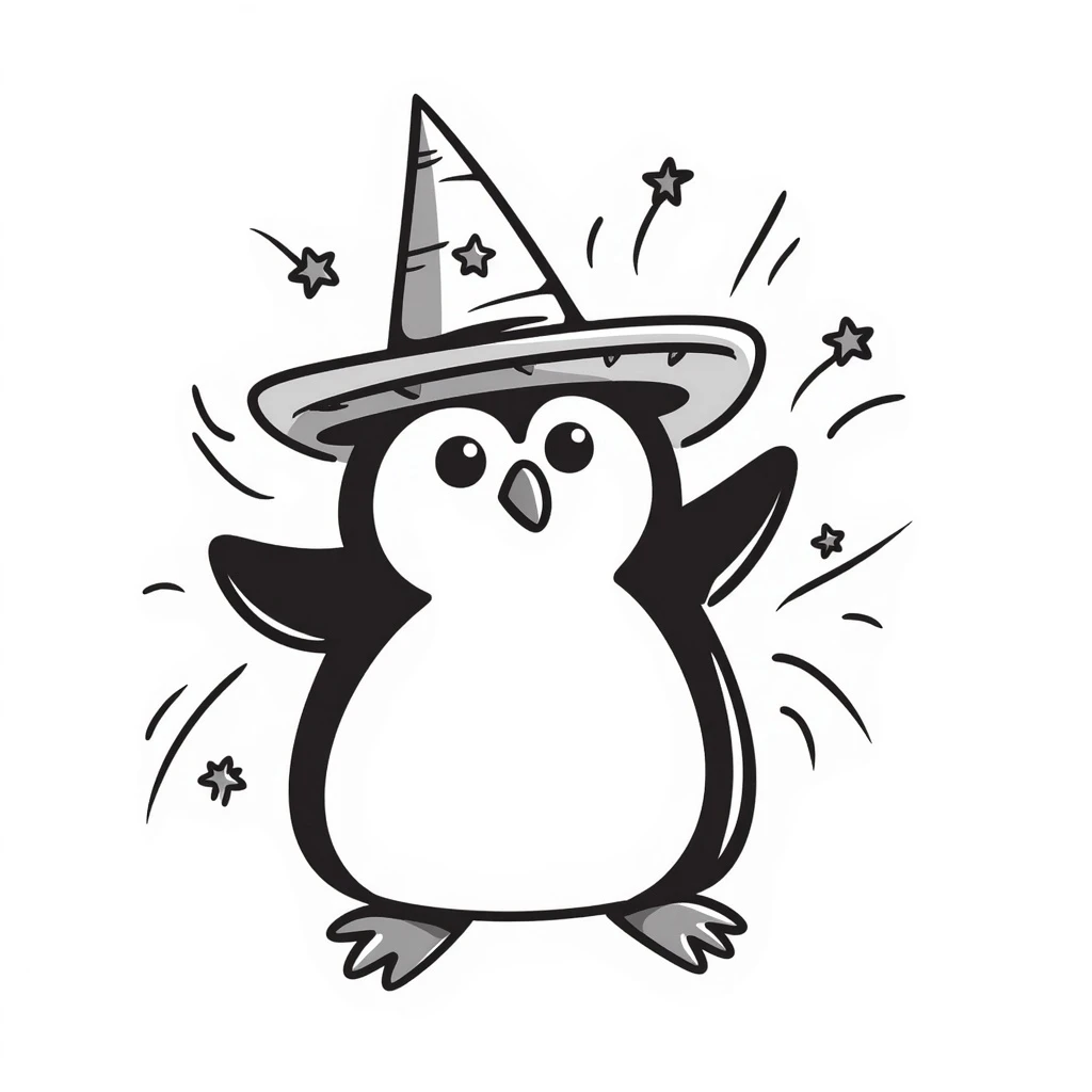 crazy wizard penguin, hand drawn doodle style, chaotic lines, wizard hat, stars emoji