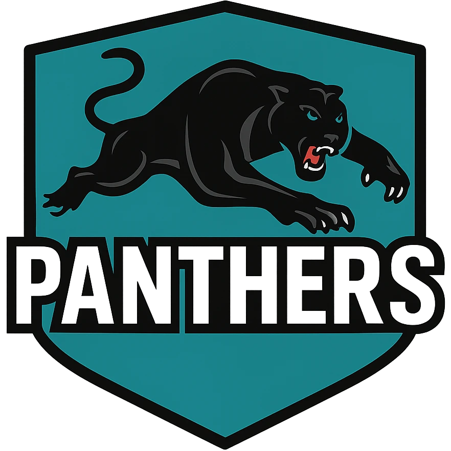 Penrith Panthers emblem, shield shape, stylized panther, black and teal color scheme, dynamic sports logo emoji