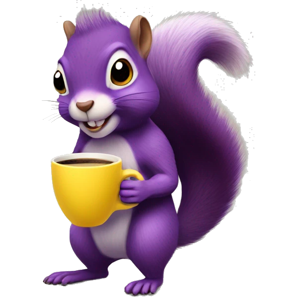 purple animated squirrel in a yellow dress with a large mug of coffee in its paws emoji