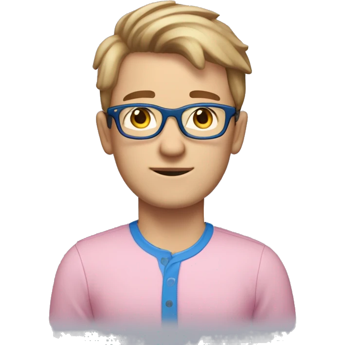 gay men light brown hair with glasses, blue eyes, look cute, skinny and white skin, funny with pink shirt  emoji