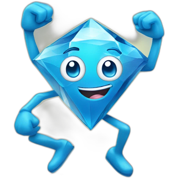 A blue diamond with a face, arms and legs doing something random and with a very happy face emoji