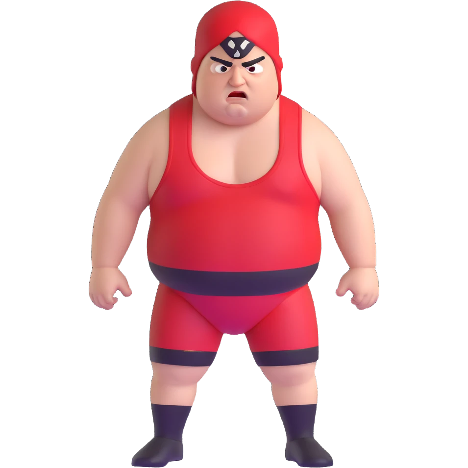 Close-up of white skin fat guy with prominent black durag, completely shaved face, no beard or mustache, black eyes in a red and black wrestling singlet with angry face emoji