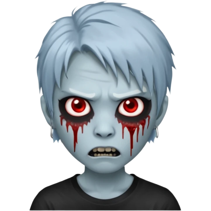  3D emoji-style avatar with very pale blue-grey zombie skin , a young Asian face, and large eyes with blood tears. Give it white litle bit messy mullet hair style , silver hoop earrings, and a plain black T-shirt. The face expression should be slightly angry, with vampire fang emoji