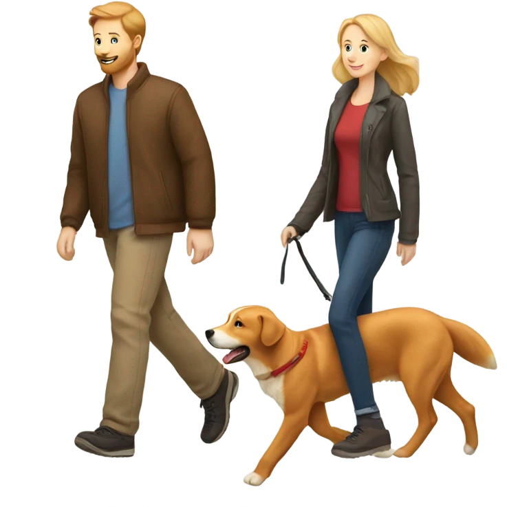 man walking fox red Labrador and woman walking English cream retriever emoji