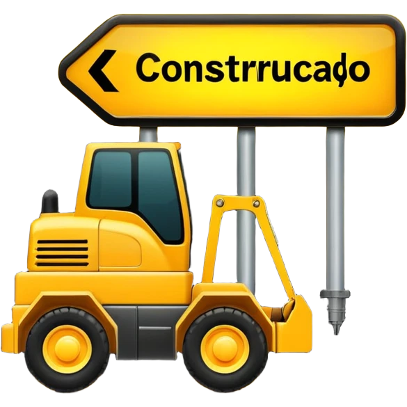 construction sign with 'em construção' text, blinking lights, sense of movement, interactive look emoji