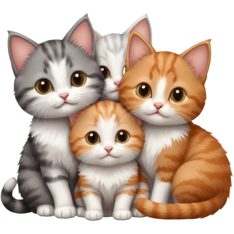 3 very small kittens cuddling together all different colours, the first one is grey and white, the second is ginger and white and the third is brown tabby and white emoji