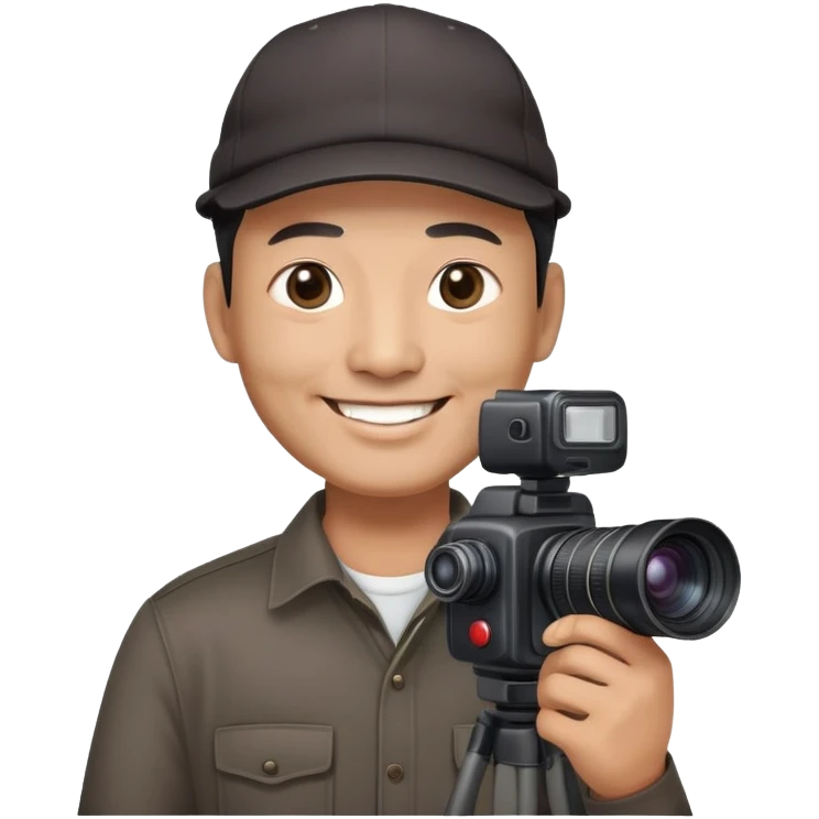 Chinese smiling 50years old male film producer with black eyes  in dark shirt with dark cap and professional camera emoji