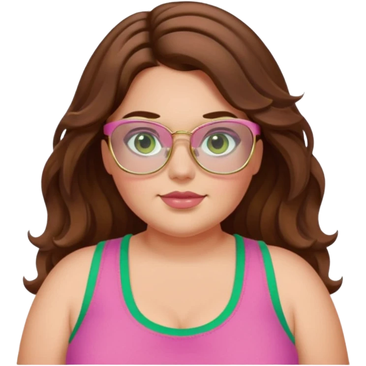 Baddie bratz girl with middle parted long wavy brown hair. green eyes. Plus size. pink tank top. Gold rimmed glasses emoji