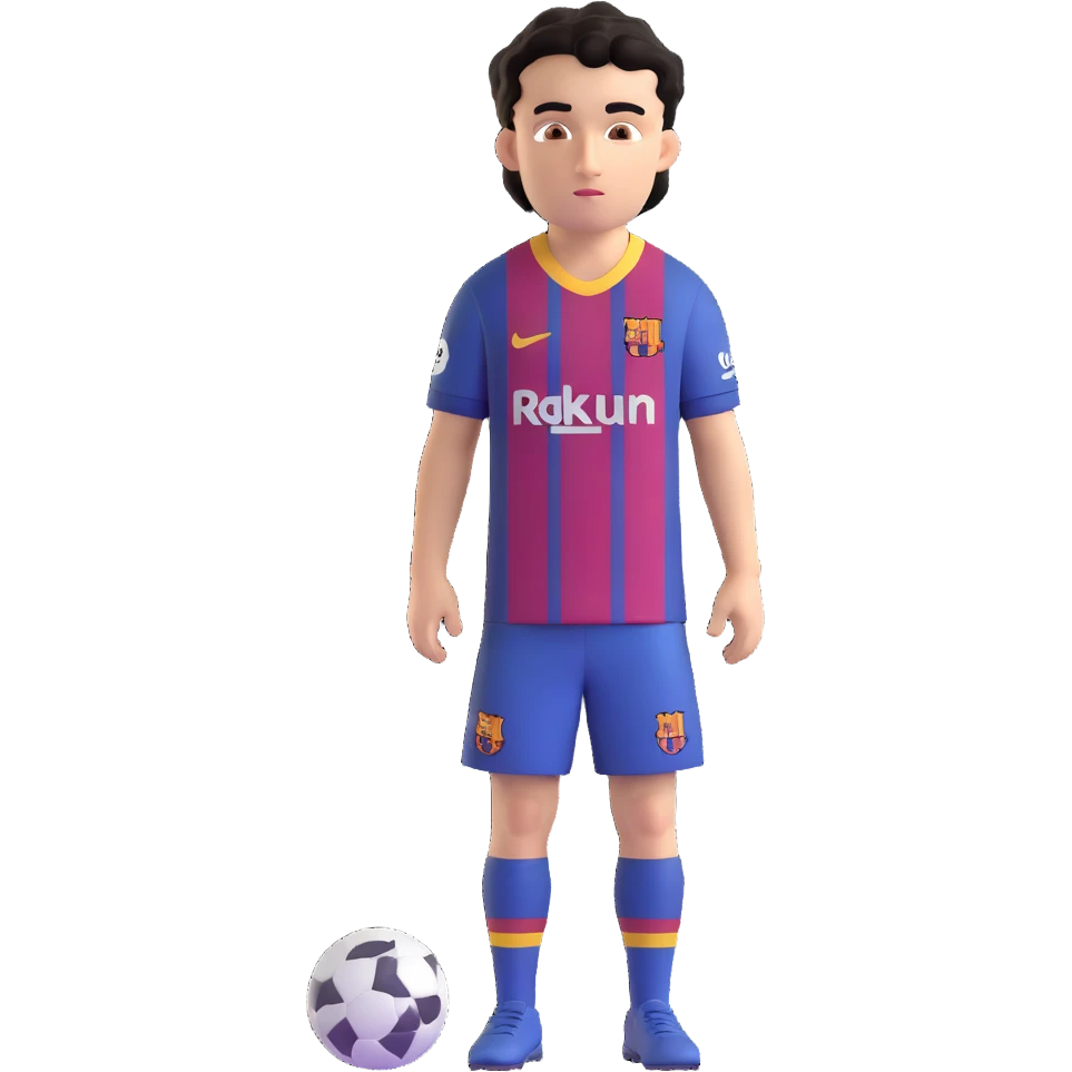 young male footballer with short curly black hair, brown eyes, confident look, in FC Barcelona kit, oversized eyes, smooth shading emoji