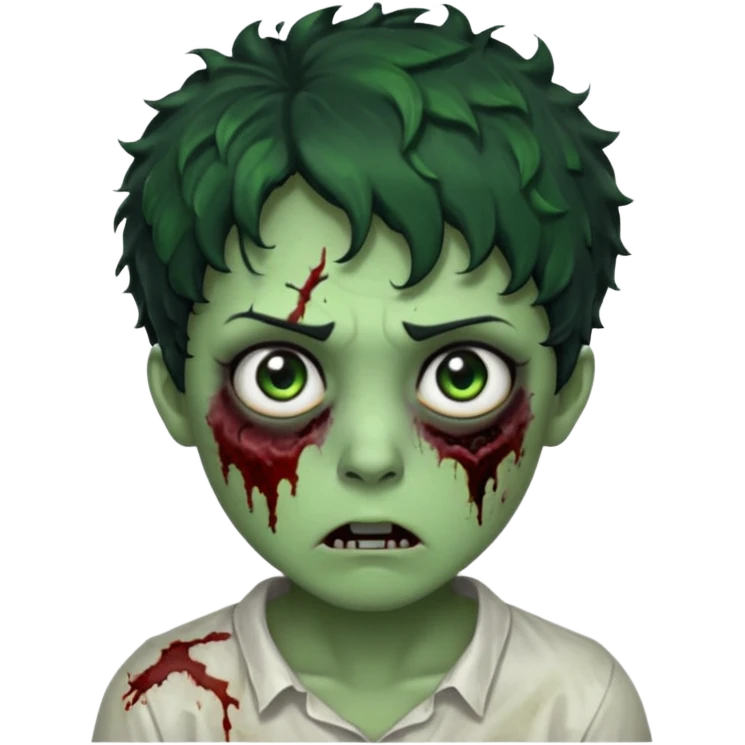 zombie character with green skin, messy short curly black hair, and no glasses. Give him large expressive eyes, a slightly frightened or eerie expression, subtle wounds, dark under-eye shadows, and a few cracks or dried blood marks on the face.  white shirt and without bleeding eyes **BLACK HAIR** emoji