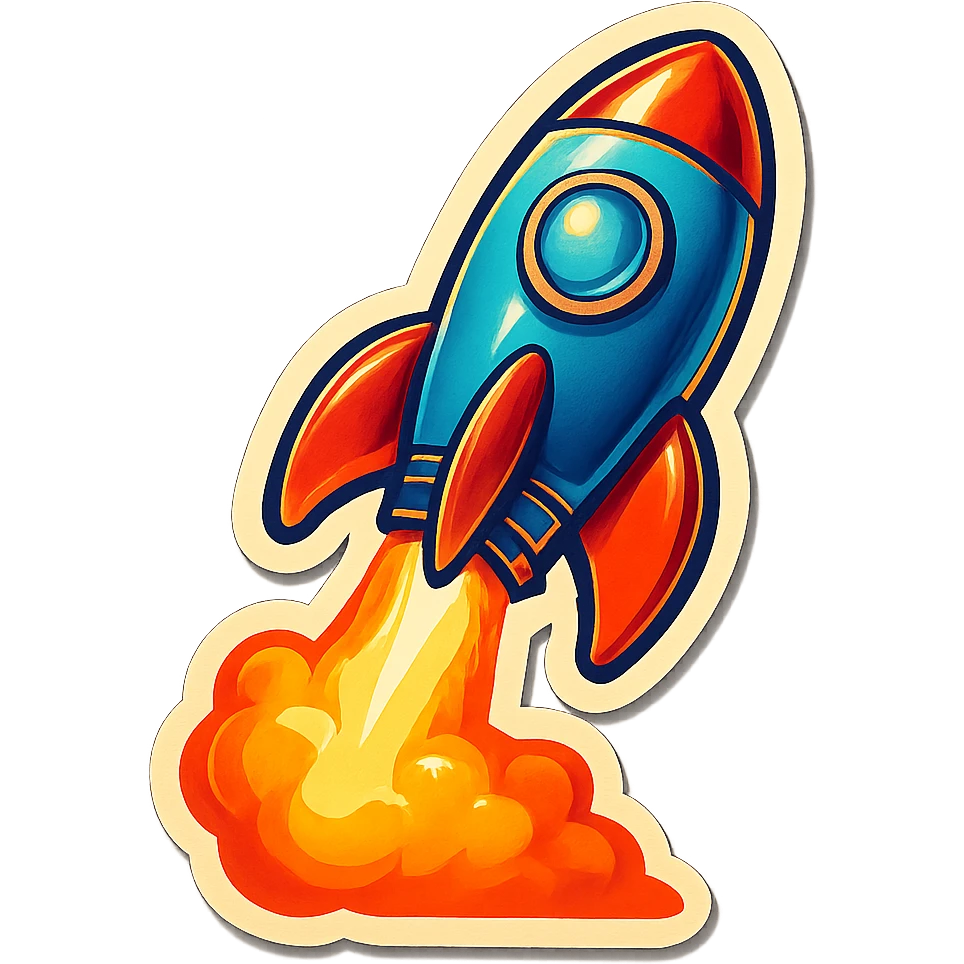 rocket ship blasting off, retro stickers style emoji