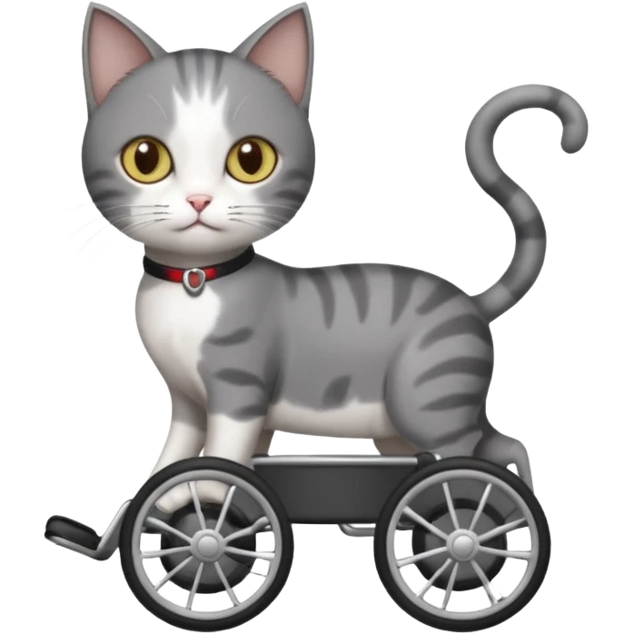 full body small short hair dark grey and white cat with hazel eyes walking in a wheelchair for cats emoji