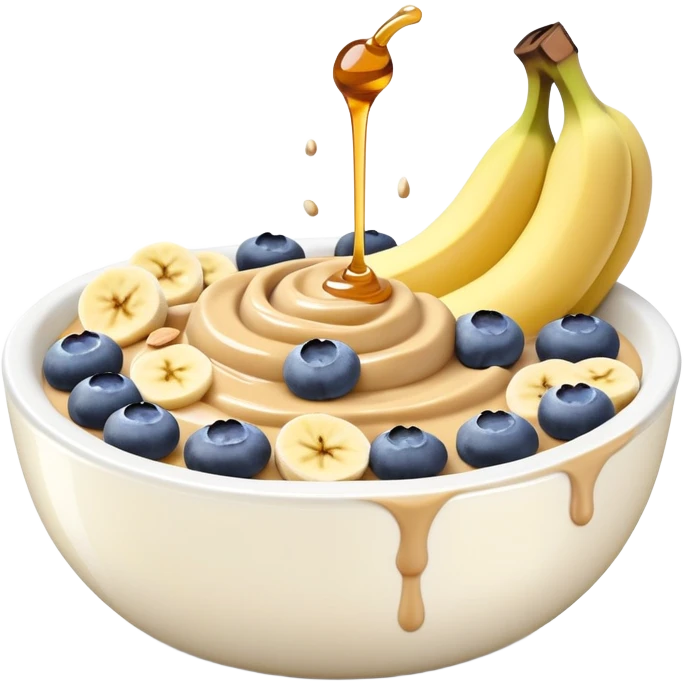 yogurt bowl with banana and bluberries with peanut butter on top and honte emoji