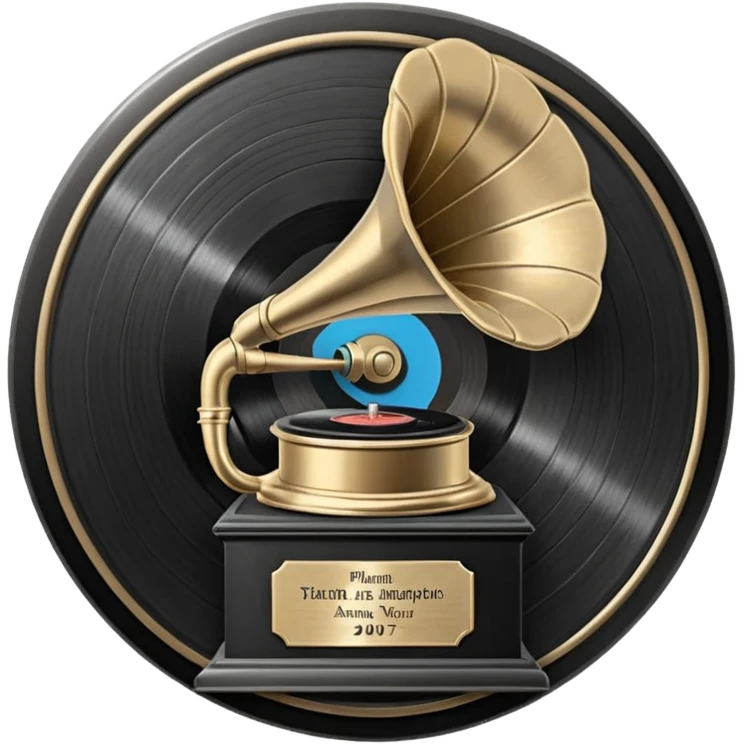 A dark metal platinum music award plaque The center features a relief of a vintage gramophone or stylized vinyl record in a slightly darker metallic tone emoji