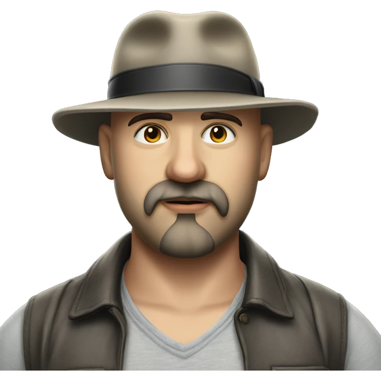 Photorealism A plump bald man of Slavic appearance with a goatee beard and mustache, wearing a fedora hat, big details emoji