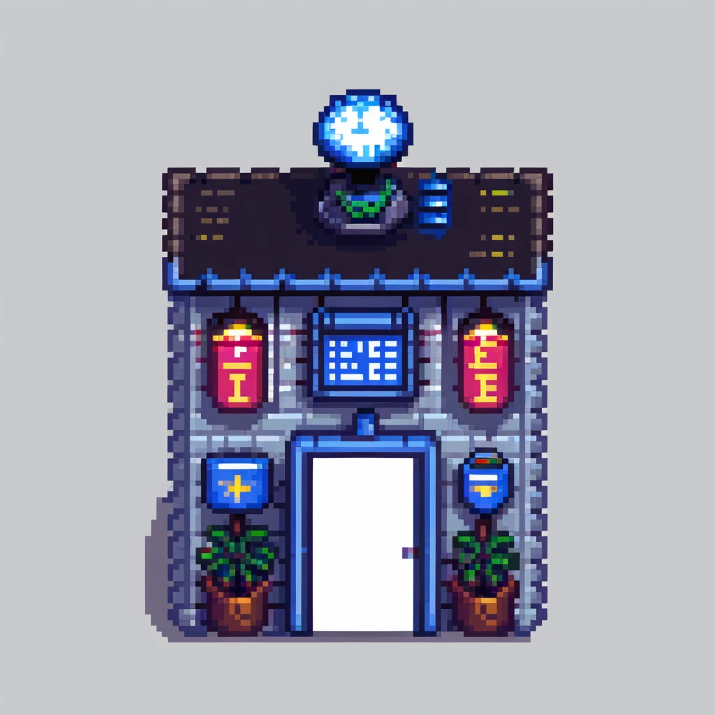 pixel art city police station with flashing lights and police sign emoji