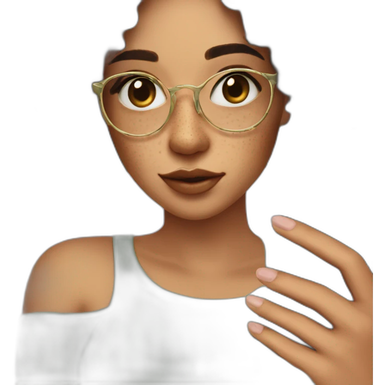 cool creator, freckles olive skin holding phone for selfie emoji