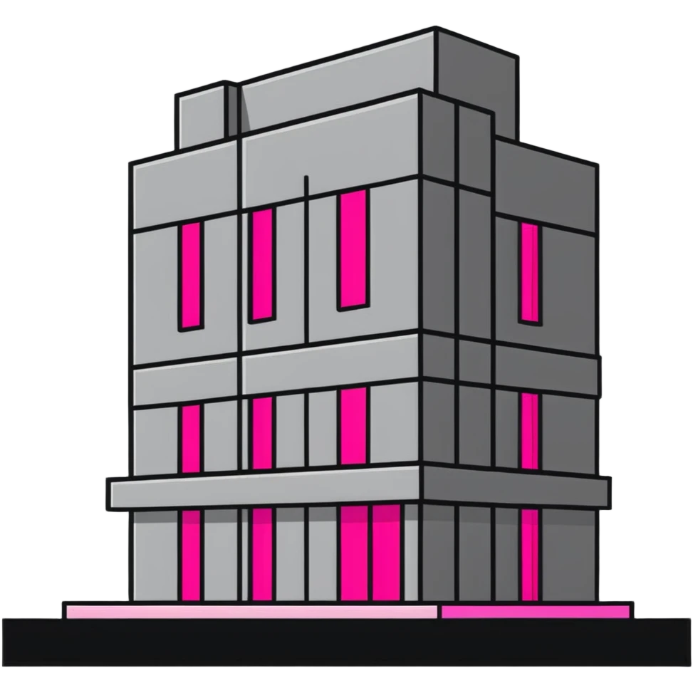 Brutalist gray concrete block building with one neon pink window emoji
