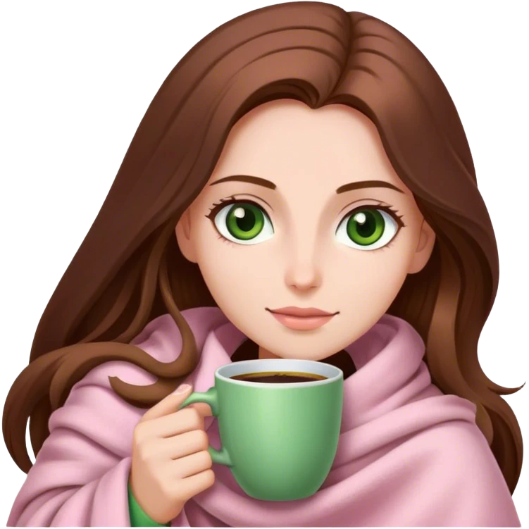 woman with very long brown hair and green eyes in a light pink blanket coffee emoji