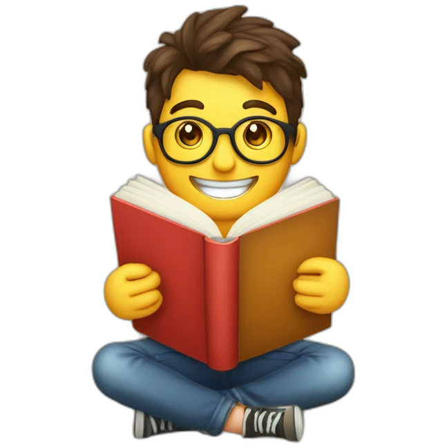joven estudiante atiborrado de libros, sonriente y muy feliz con un libro en sus manos y en su cabeza emoji