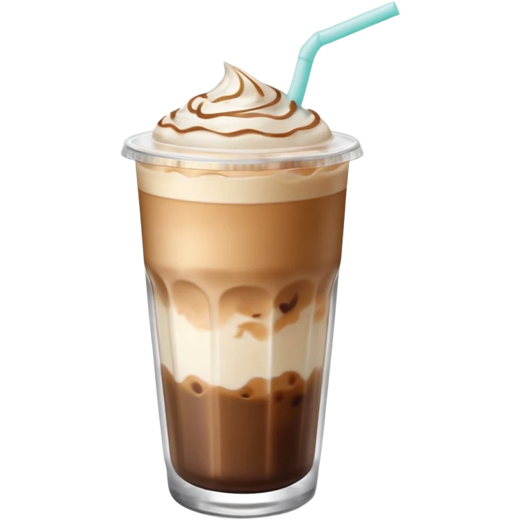 An iced latte in a transparent matte glass, showing how the milk and coffee mix, with ice touching the inner walls of the glass, and a clear lid with a transparent straw on top. Use soft and pastel tones. emoji