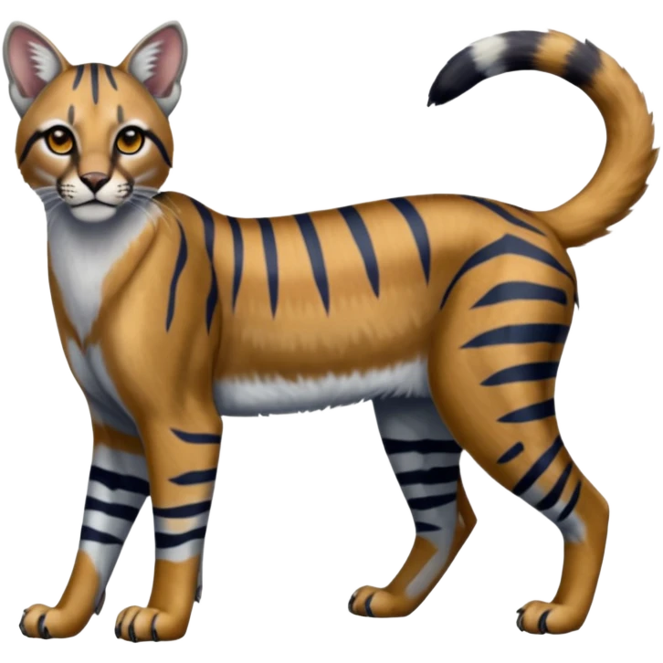 Realistic tiger-striped edgy bluish greyish blackish whitish silvery coppery Shiny Colorful Dusky Dark Gloomy Glossy Genet-Caracal-Lion-Bobcat-fusion-animal-hybrid-creature, full body, tufted ears, long thin tufted tail emoji