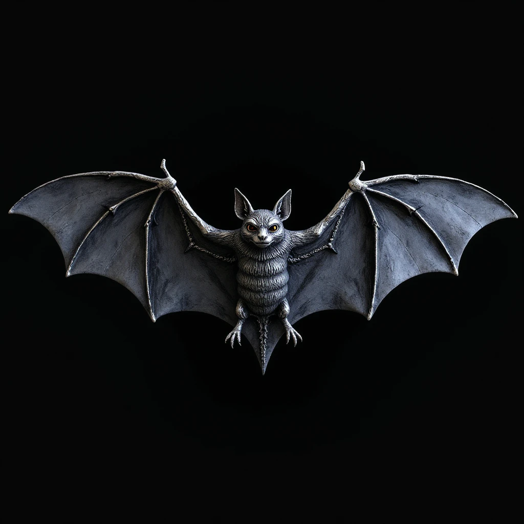 realistic gothic bat, black with silver accents, photorealistic style, no background emoji