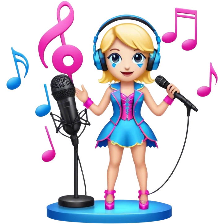Create a vibrant and energetic emoji that represents pop or stage vocal performance. The design should feature a microphone on a stand, musical notes, and an illuminated stage or spotlight to symbolize the live performance aspect. Add an elegant stage costume, such as a suit or glamorous outfit, to emphasize the theatrical side of pop singing. Include elements like studio headphones, a music mixer, or a soundboard to reflect the modern, studio-based nature of pop vocal performance. Use bright colors like neon pink, electric blue, and gold to convey energy, creativity, and the glamour of the stage. The background should be transparent. emoji