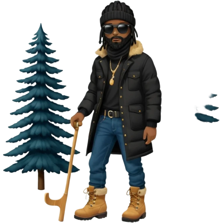 African American man with shoulder length black dreadlocks with black beard wearing black sunglasses wearing a black bubble winter coat wearing denim skinny jeans wearing wheat timberland boots with ski mask on emoji