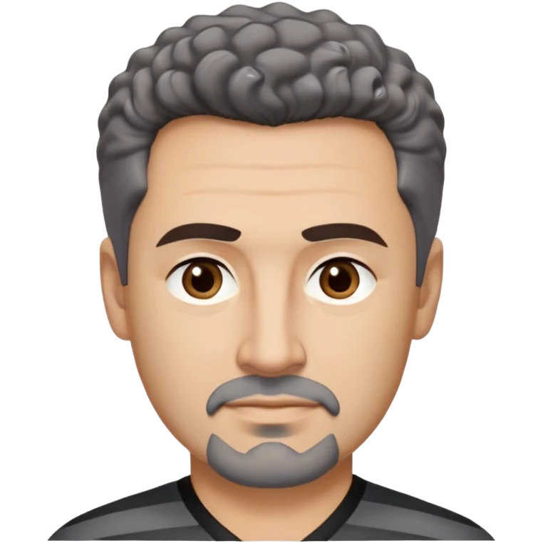 Man in his early 50s with tan complexion. Strong square jawline. Dark brown eyes with focused expression. Thick eyebrows. Black goatee with subtle gray hairs. Short curly dark hair with slight receding hairline. Slight confident smile. Wearing a black V-neck shirt with gray stripes. emoji