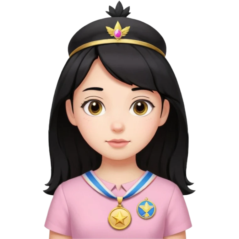 black haired girl wearing pastel pink with medals emoji