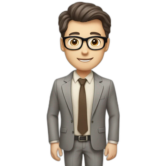 Pale skinned fit man with dark brown hair in gray jacket, beige office shirt, brown tie, brown pants and vintage glasses Writing text on a marker board emoji