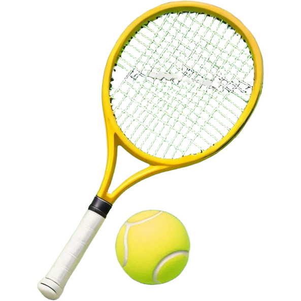 A tennis racket with a bright yellow tennis ball resting on it, set against the backdrop of a well-maintained tennis court. The scene emphasizes the smooth lines of the court and the focus on the ball and racket, symbolizing the elegance and precision of the sport emoji