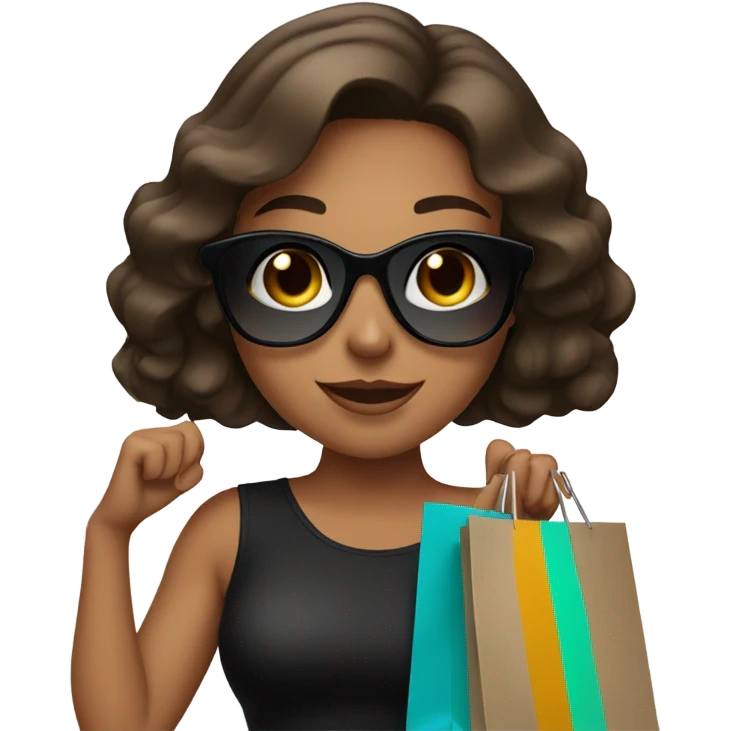 brunette girl with tan skin with black sunglasses with shopping bags emoji