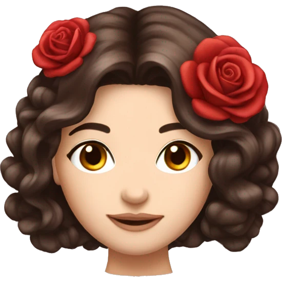 Beautiful, rose, red, flowers in hair, long dark brown hair, white fair skin emoji