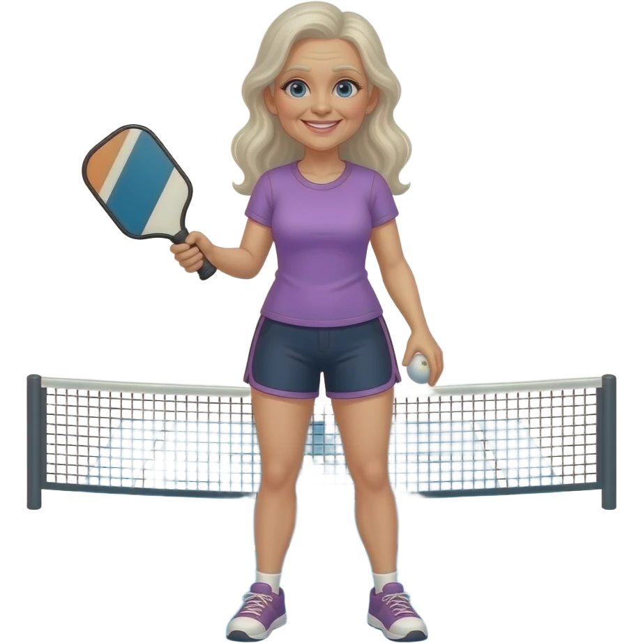 athletic grandma pickle ball player with long blond hair and with only one pickle ball and pickleball paddle emoji