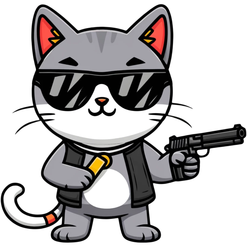 black cat with sunglasses and a gun emoji