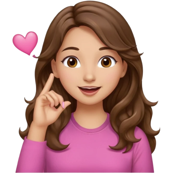 girl with long wavy brown hair, brown eyes, light to medium complexion, in a pink shirt, long lashes, blowing a kiss emoji