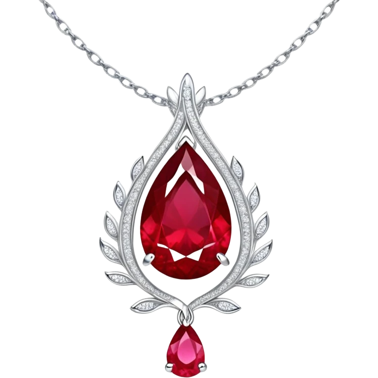 teardrop ruby pendant with fiery light, tiny phoenix feather emerging, haloed by shimmering white stones, silver chain like liquid moonlight emoji