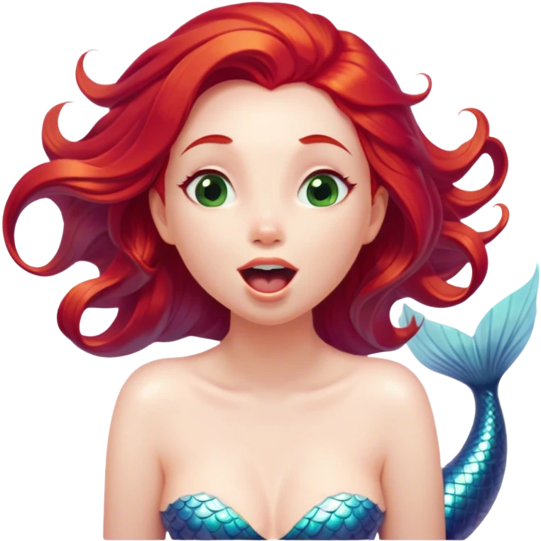 Cinematic Realistic Red Hair Mermaid Portrait, head tilted slightly with a dramatic, wide-open yawn, revealing a tender, relaxed visage with delicately detailed porcelain skin and vibrant, cascading red hair softly billowing around her. Her dreamy eyes exude a serene, aquatic charm, rendered with gentle underwater lighting and high shine—capturing the essence of a drowsy yet mesmerizing mermaid drifting into a tranquil slumber beneath the sea. emoji