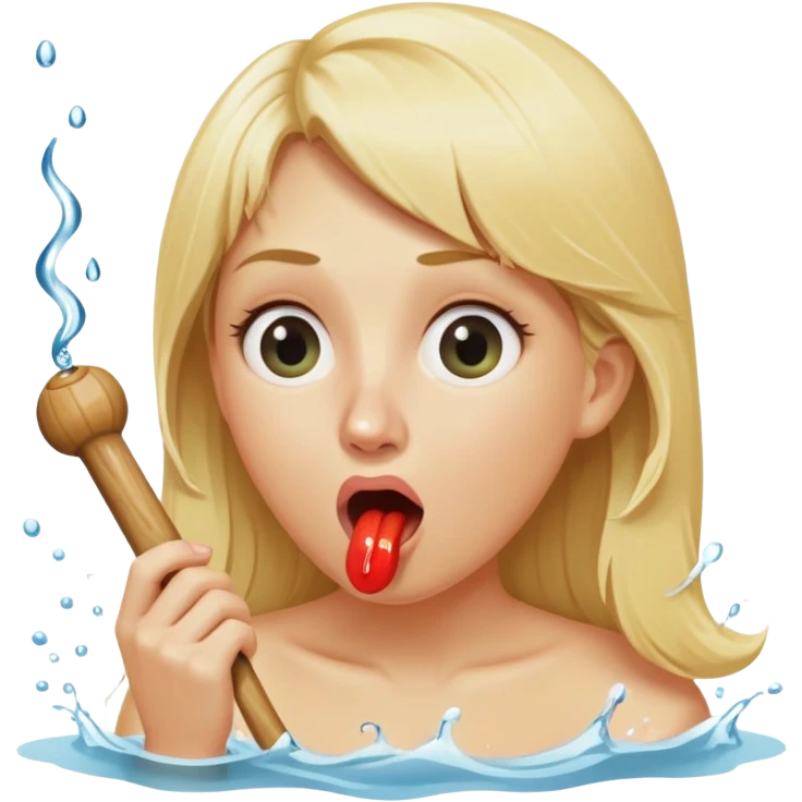 blond woman eating a wide stick with a half-round knob shaped like the letter D, both stick and knob same color as her skin, knob with visible skin texture, water stream squirting from flat side of knob into her open mouth, surprised expression emoji