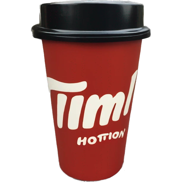 “Red Tim Hortons coffee cup with large white ‘Tim Hortons’ logo in script, black plastic lid, and a simple, clean design.” emoji