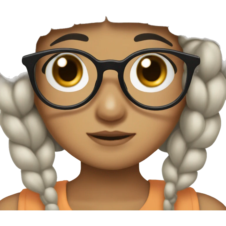 girl with black hair with korean bangs, two braids and black round glasses and sticking out tongue cutely emoji