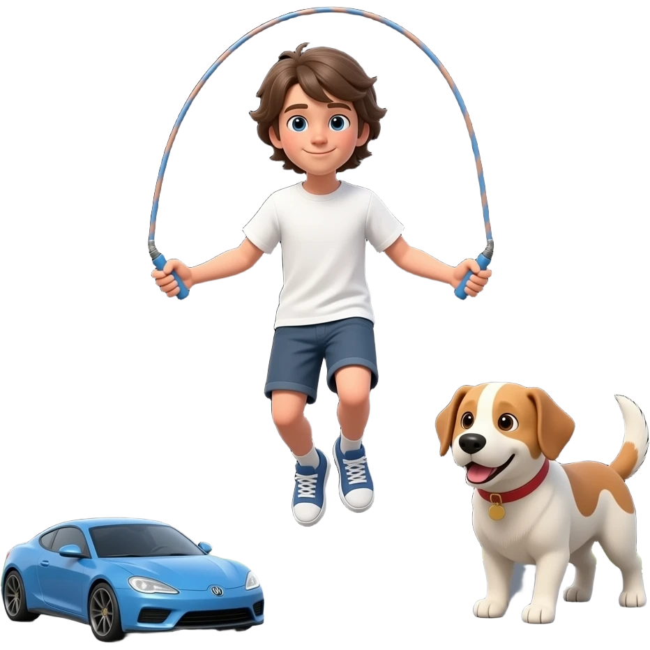 En attendant l'amour : Un garçon de 13 ans, aux cheveux longs et normaux, vêtu d'un t-shirt blanc et d'un short, saute à la corde avec un chien. Sur fond noir, il joue avec des voitures télécommandées. emoji