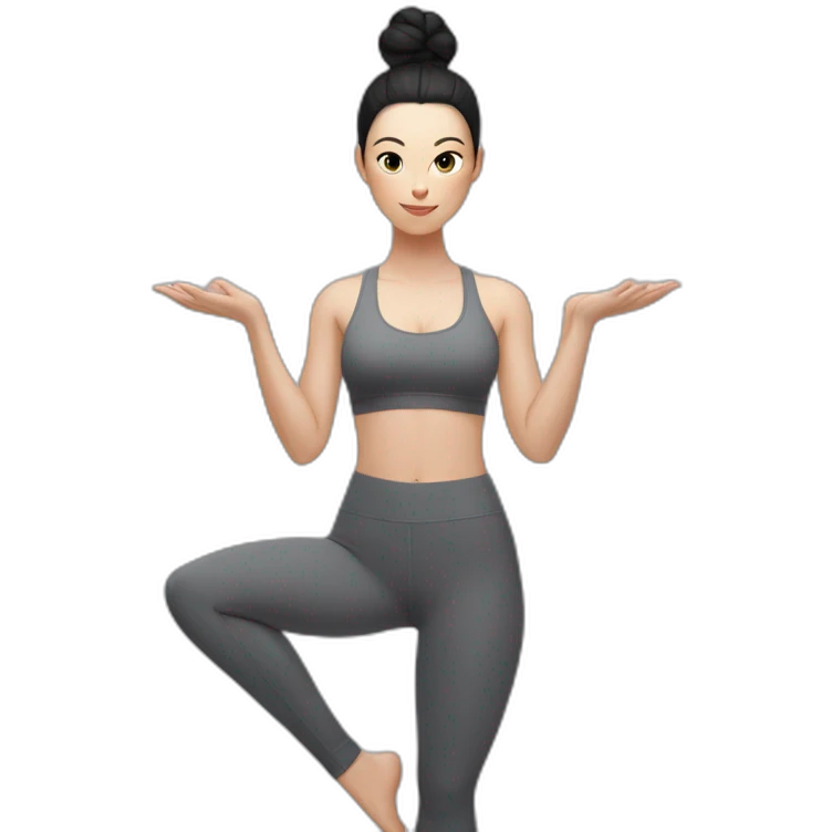 Pale skinned fit woman In a gray tight yoga suit and wristbands With black hair in a bun doing yoga emoji