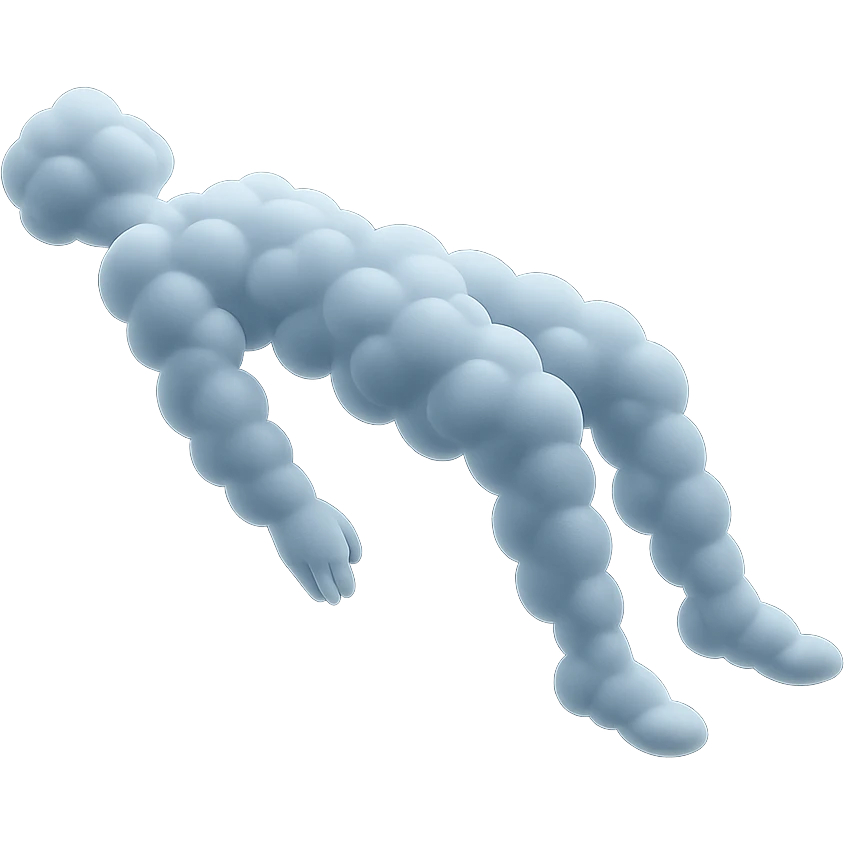 side view of unconscious person flying with torso upwards, legs and arms downwards, made of small convex white clouds, matte glass style emoji